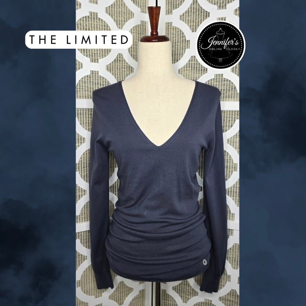 The Limited NWT Blue/Gray V-Neck Ruched Sides Long Sleeve Sweater Size Medium